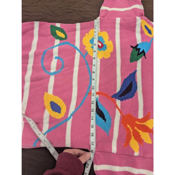 VINTAGE 1980s Short sleeve pink & white striped sweater w/floral graphic knit S - Picture 5 of 8